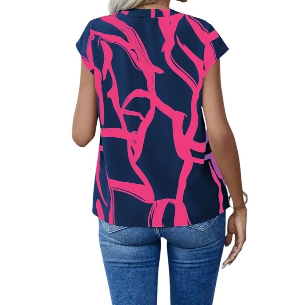 NWT Lovely Navy + Bright Fuchsia V-Neck Short Sleeve Blouse Sizes M, L, XL - Picture 3 of 4